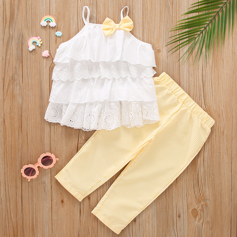 

2-piece Toddler Girl Ruffled Bowknot Decor Strap Tank Top and Striped Pants Set