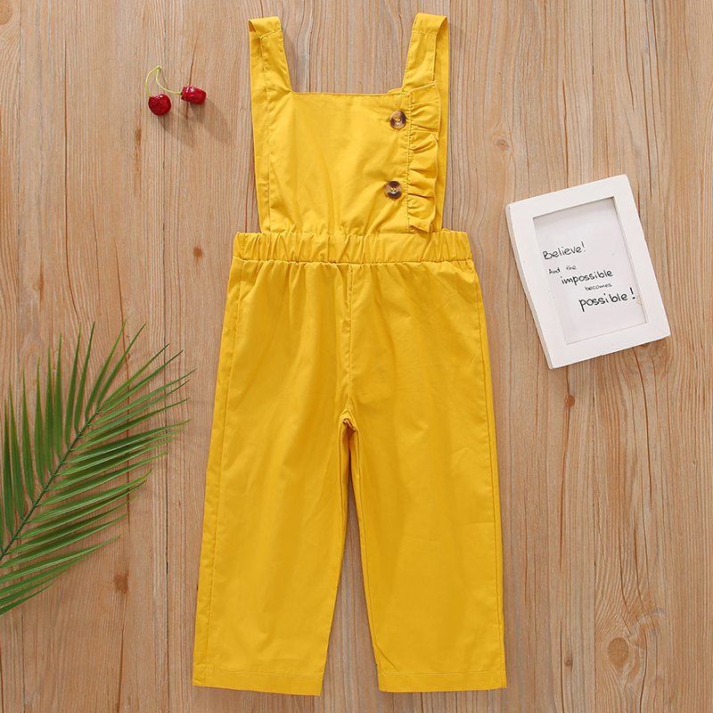 

Toddler Girl Ruffle Button Design Yellow Overalls