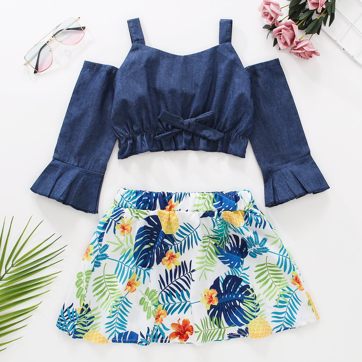 

2-piece Toddler Girl Ruffle-sleeve Bowknot Cold Shoulder Strap Denim Top and Floral Print Skirt Set