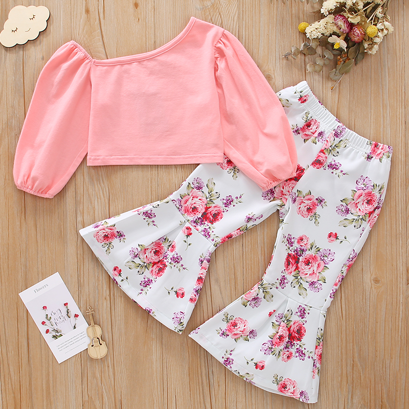 

2-piece Toddler Girl One Shoulder Puff-sleeve Pink Top and Floral Print Flared Pants Set