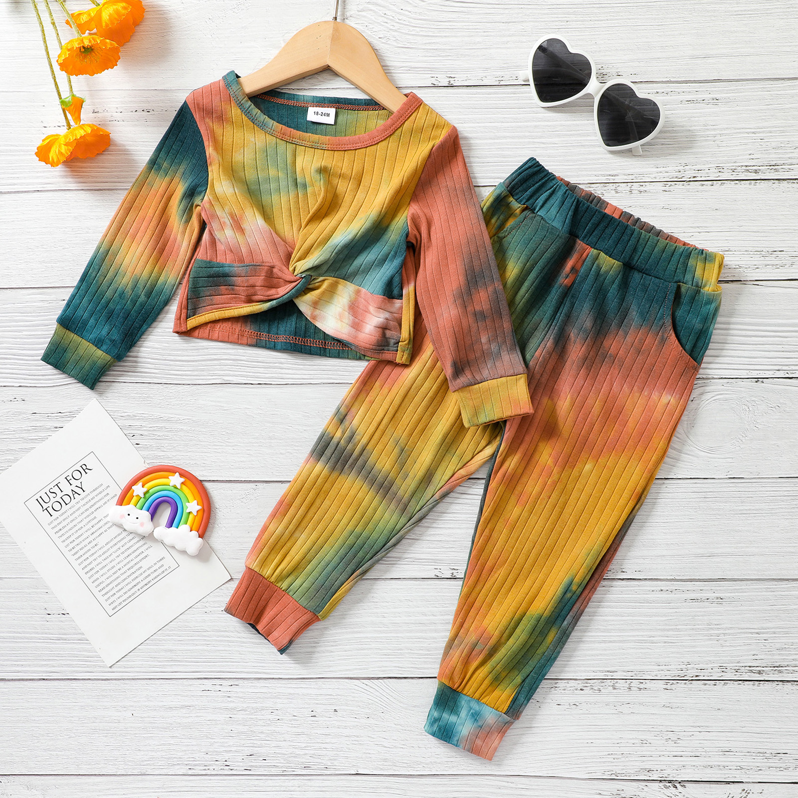 

2-piece Toddler Girl Twist Front Tie Dye Long-sleeve Top and Pants Set