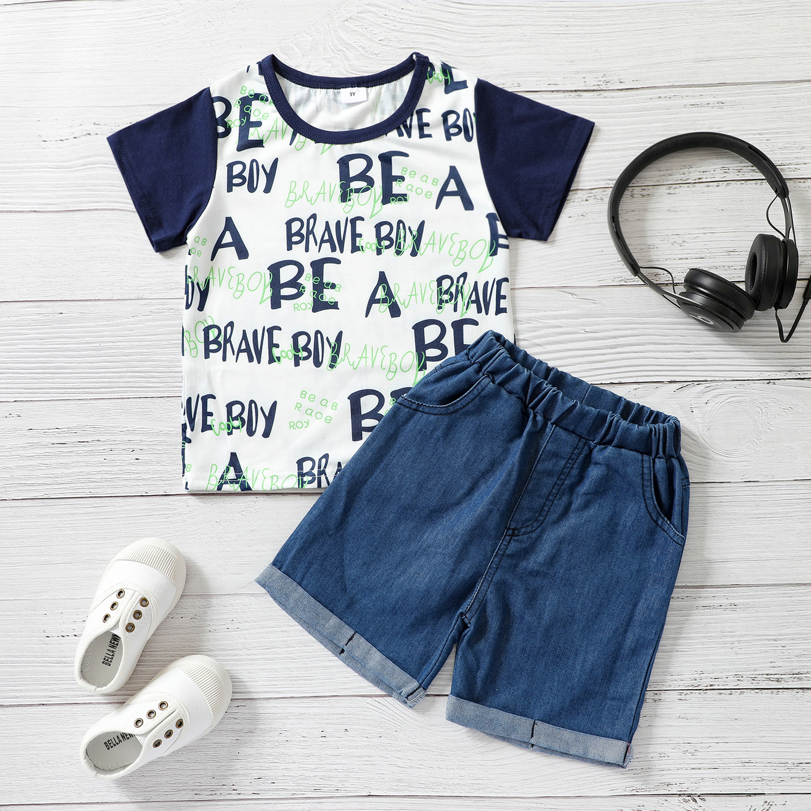 

2-piece Toddler Girl/Boy Letter Print T-shirt and Denim Shorts Set