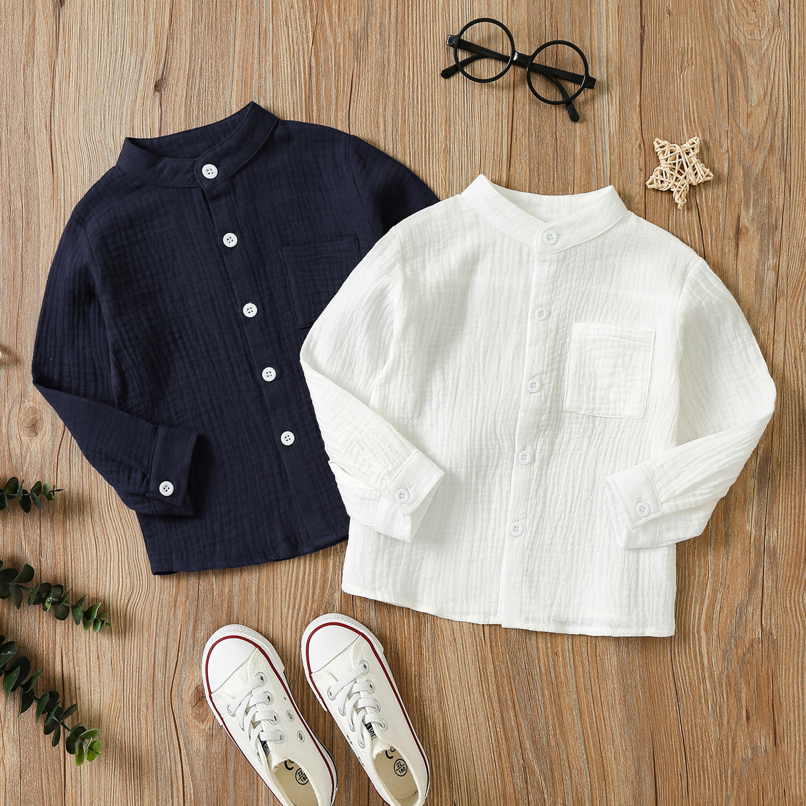 

Toddler Boy 100% Cotton Button Design Solid Long-sleeve Shirt with Pocket