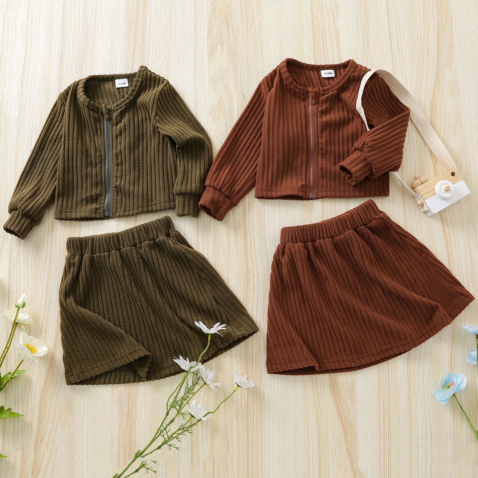 

2-piece Toddler Girl 100% Cotton Ribbed Zipper Long-sleeve Top and Solid Skirt Set