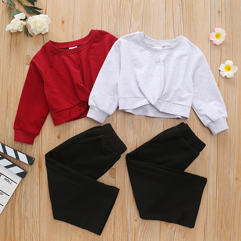 

2-piece Toddler Girl 100% Cotton Twist Front Pullover and Black Pants Set