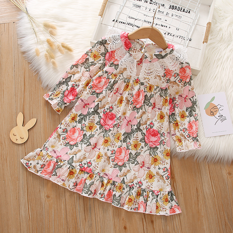 

Toddler Girl Lace Design Floral Print Ruffle Long-sleeve Dress