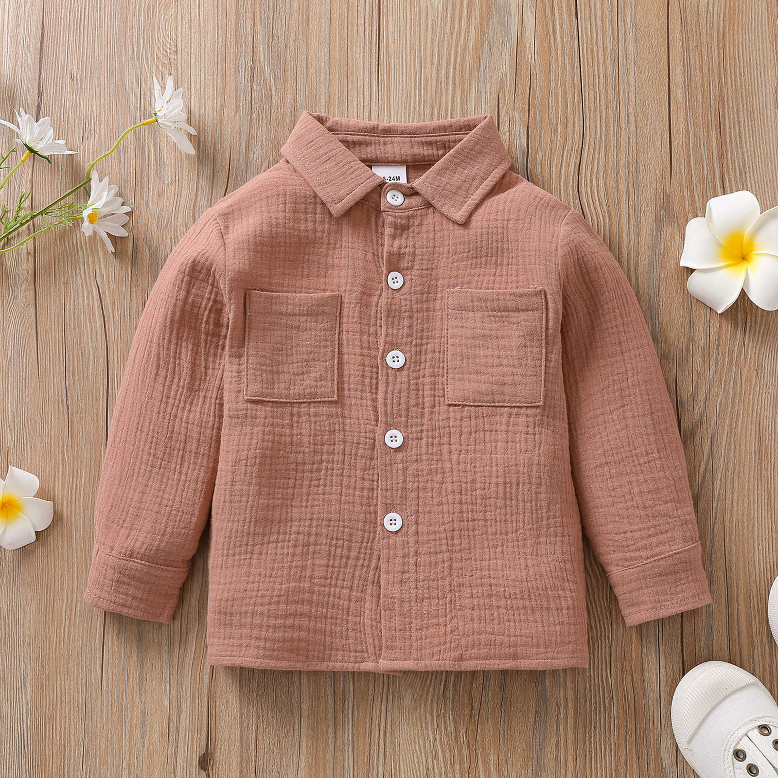 

Toddler Girl 100% Cotton Textured Lapel Collar Button Design Long-sleeve Shirt