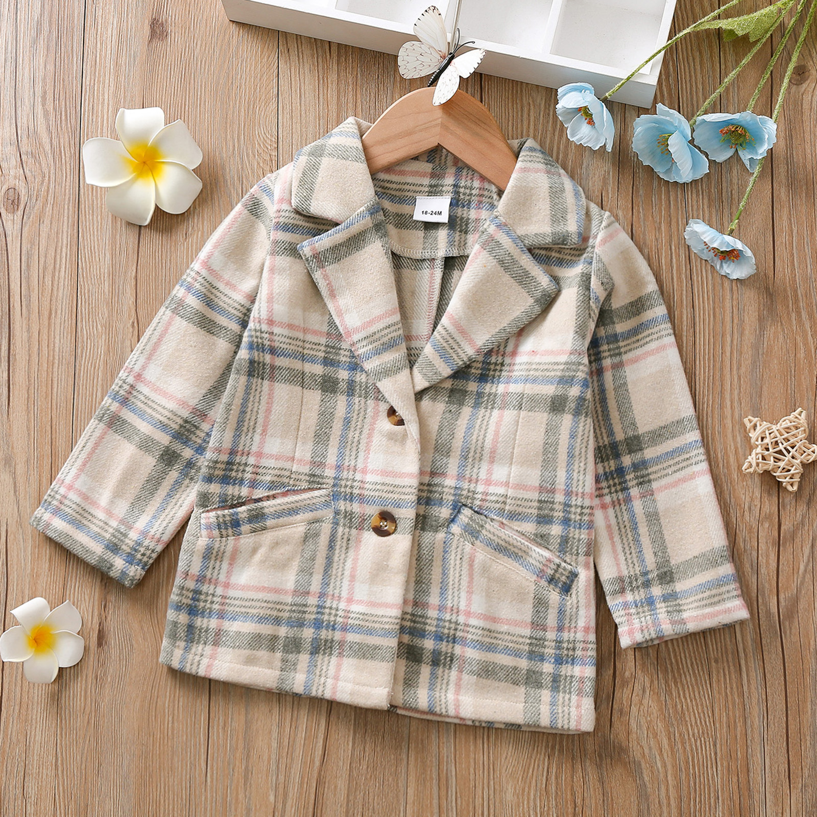 

Toddler Girl Button Design Plaid Blazer Coat