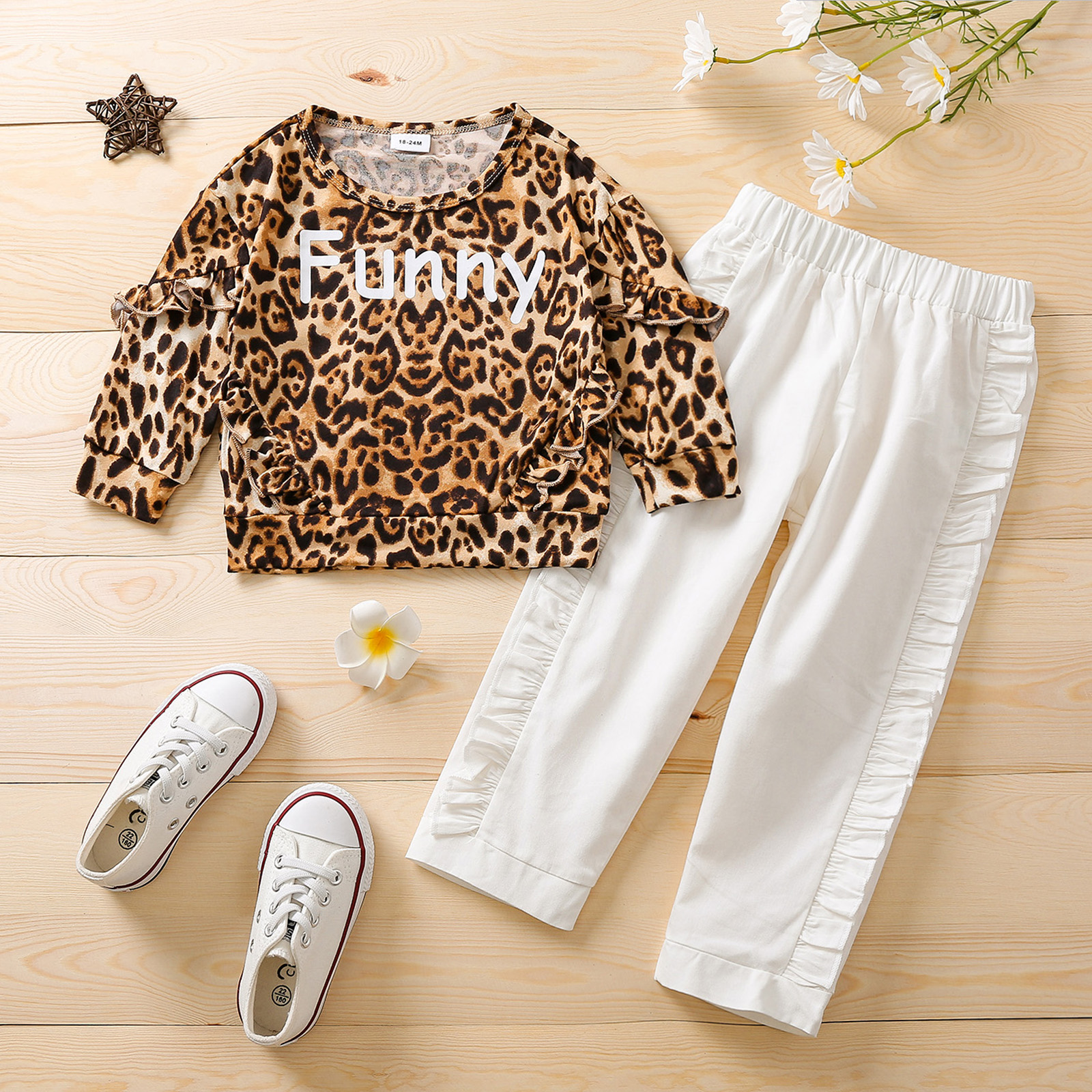 

2-piece Toddler Girl Letter Leopard Print Ruffled Long-sleeve Top and White Pants Set