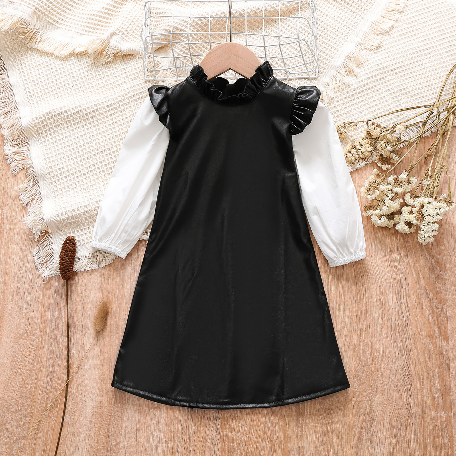 

Toddler Girl Frill Collar Long-sleeve Leather Dress