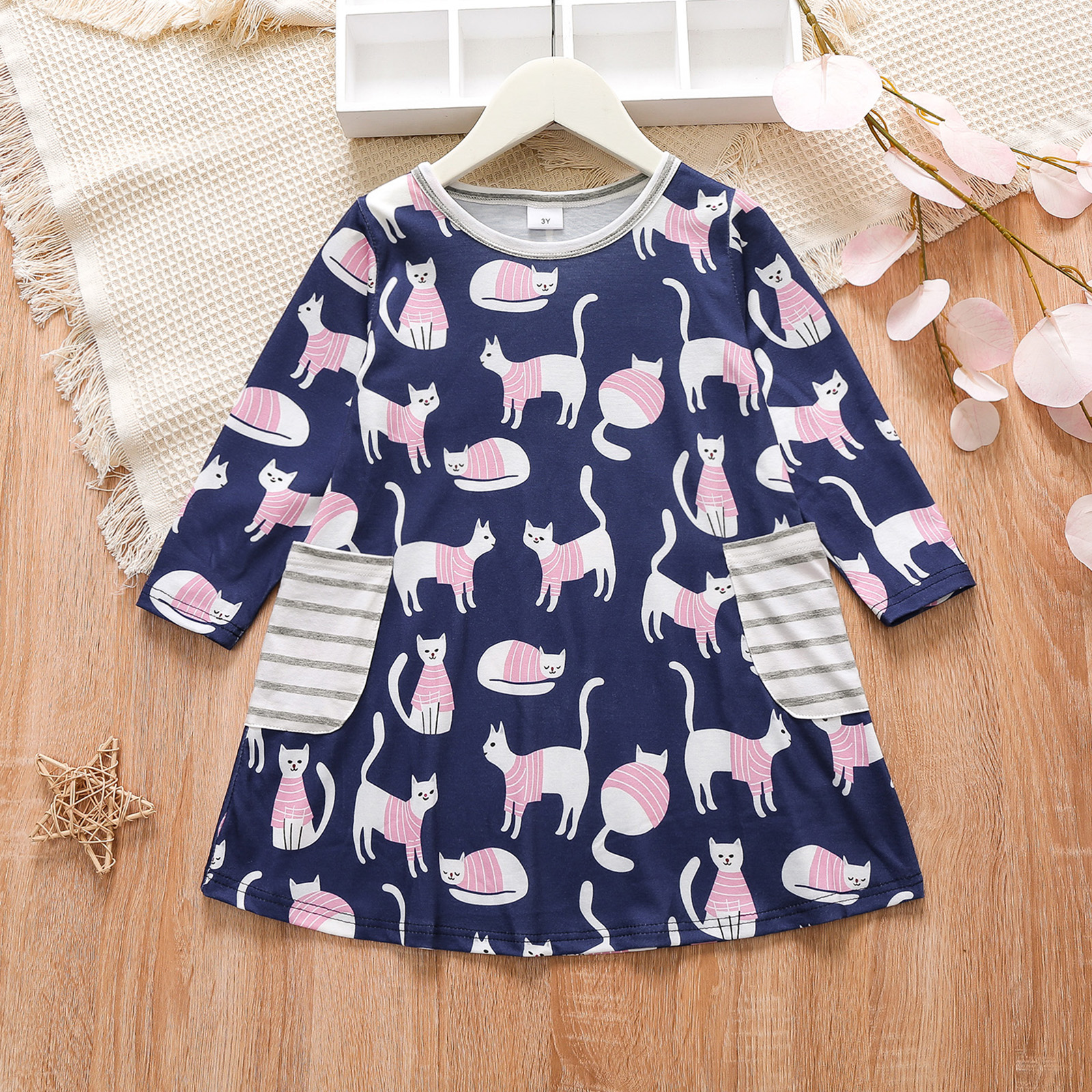 

Toddler Girl 100% Cotton Cat Print Stripe Pocket Design Long-sleeve Dress