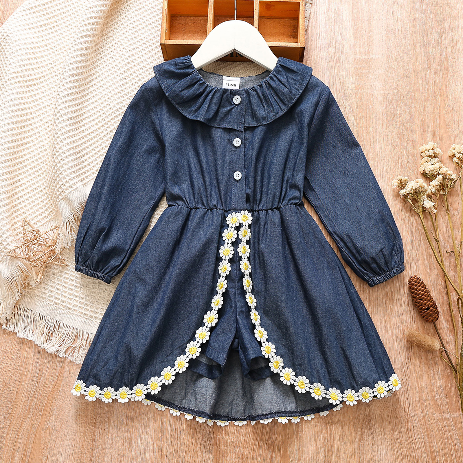 

Toddler Girl 100% Cotton Flounce Button Design Floral Embroidered Long-sleeve Denim Romper Jumpsuit Shorts