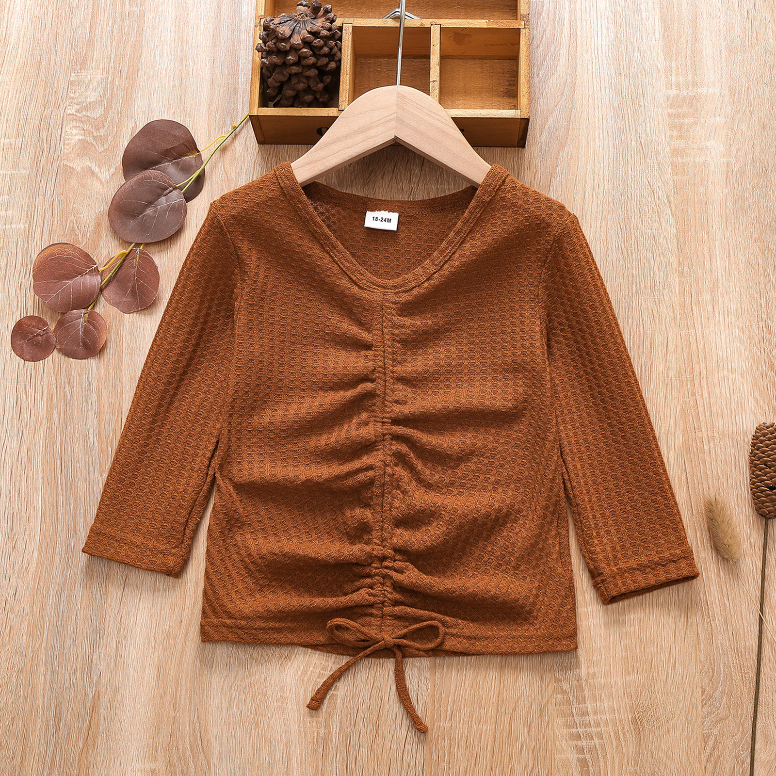 

Toddler Girl 100% Cotton Drawstring Long-sleeve Brown Tee