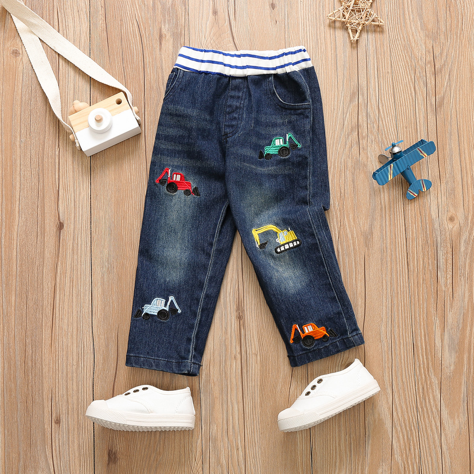 

Toddler Girl/Boy Excavator Embroidered Elasticized Denim Jeans