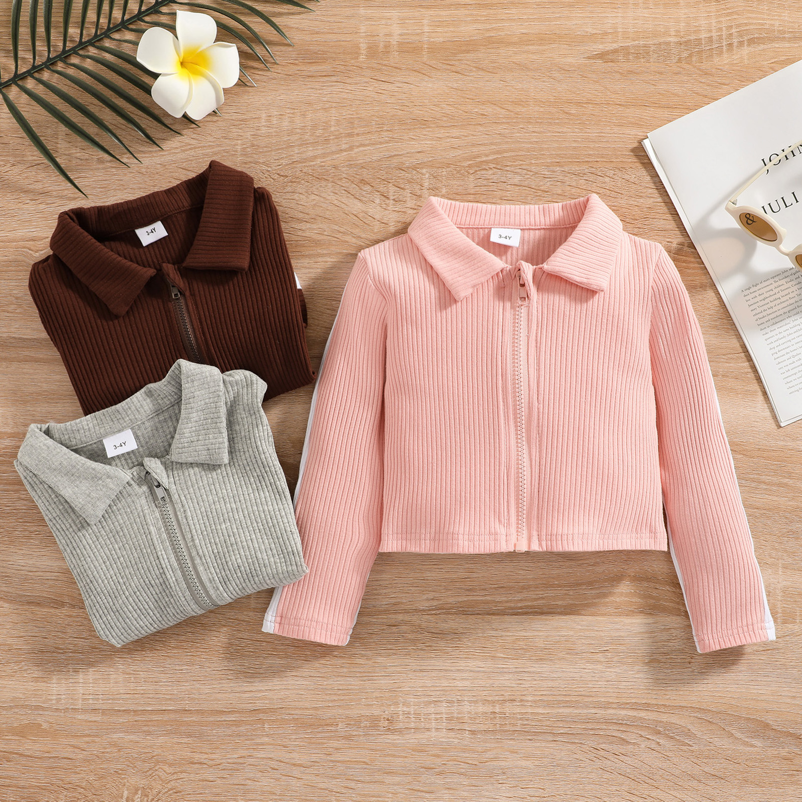 

Toddler Girl Lapel Collar Zipper Ribbed Colorblock Jacket