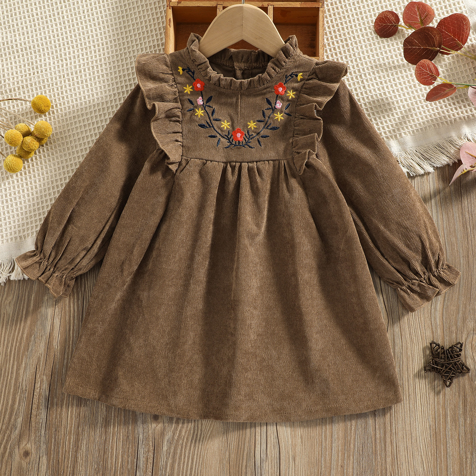 

Toddler Girl 100% Cotton Floral Embroidered Ruffle Collar Long-sleeve Dress