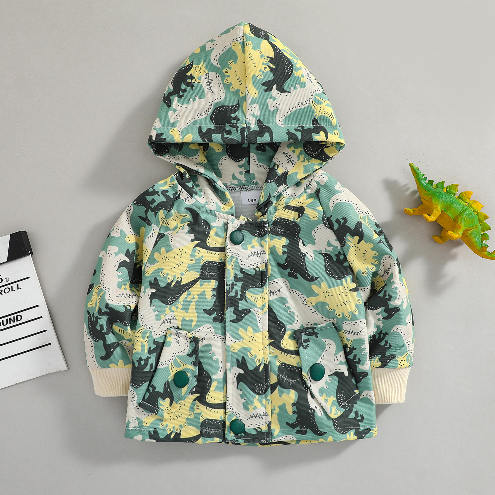 

100% Cotton All Over Dinosaur Print Green Long-sleeve Hooded Baby Jacket Outwear
