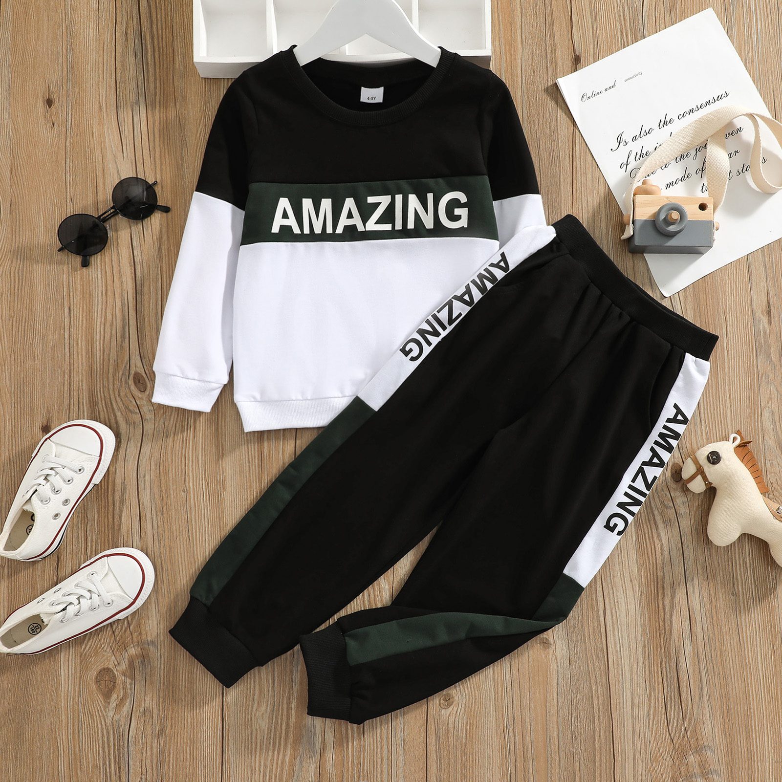 

2-piece Kid Boy 100% Cotton Letter Print Colorblock Pullover Sweatshirt and Pants Set