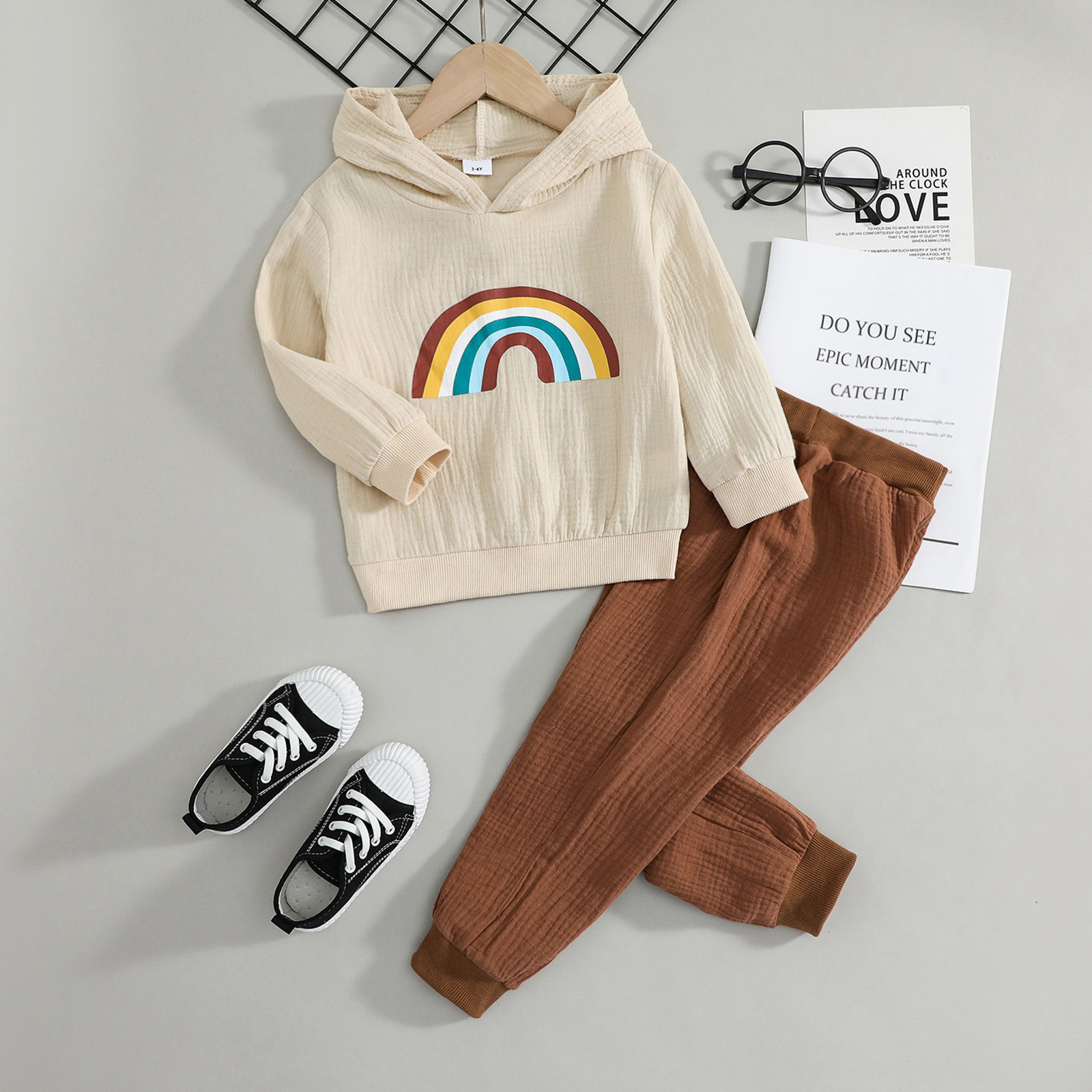 

2-piece Toddler Boy 100% Cotton Rainbow Print Hoodie Sweatshirt and Solid Pants Set