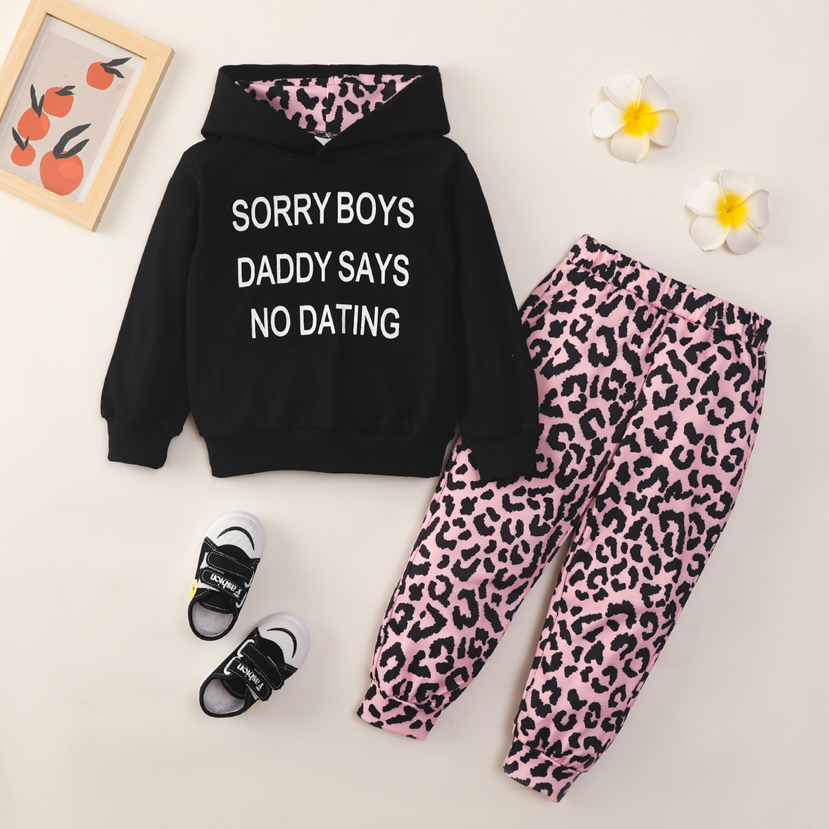 

2-piece Toddler Girl 100% Cotton Letter Print Black Hoodie Sweatshirt and Leopard Print Pants Set