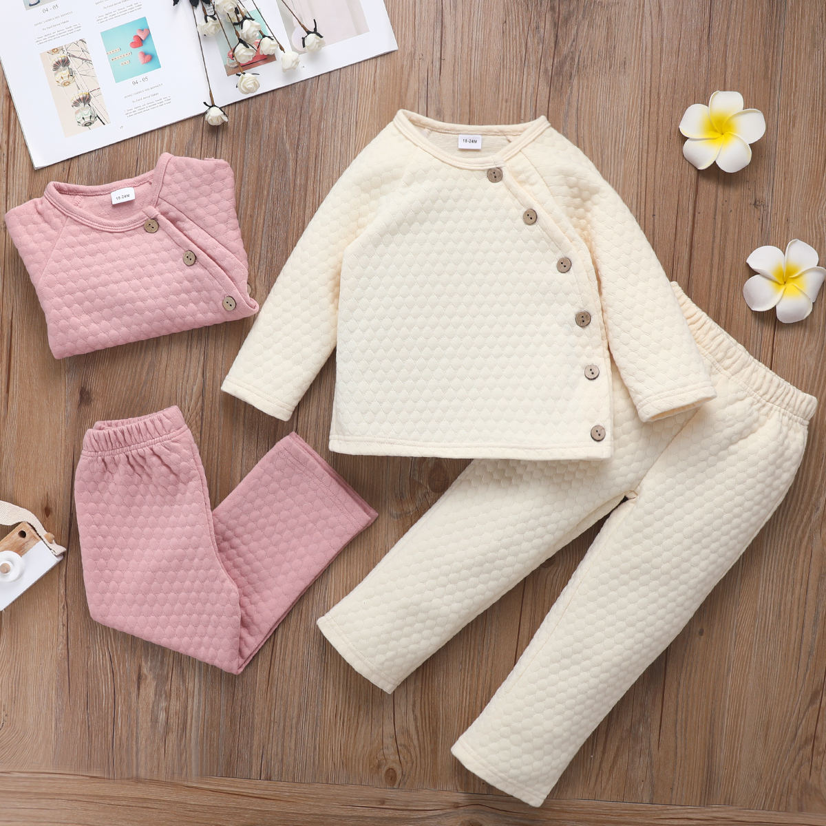 

2-piece Toddler Girl Button Design Textured Solid Color Sweatshirt and Pants Set