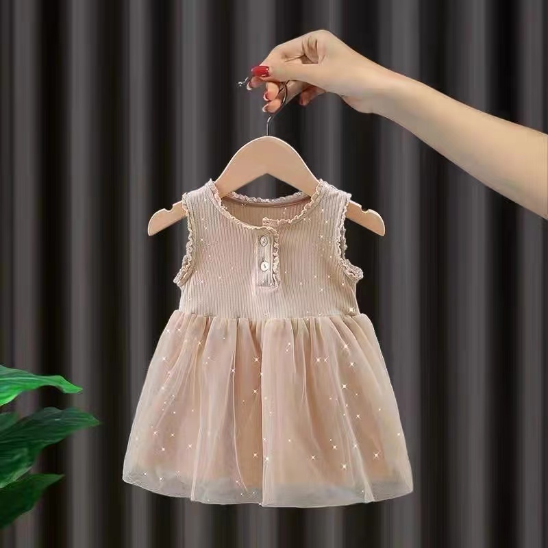

Toddler Girl Button Lace Mesh Design Sleeveless Beige Dress