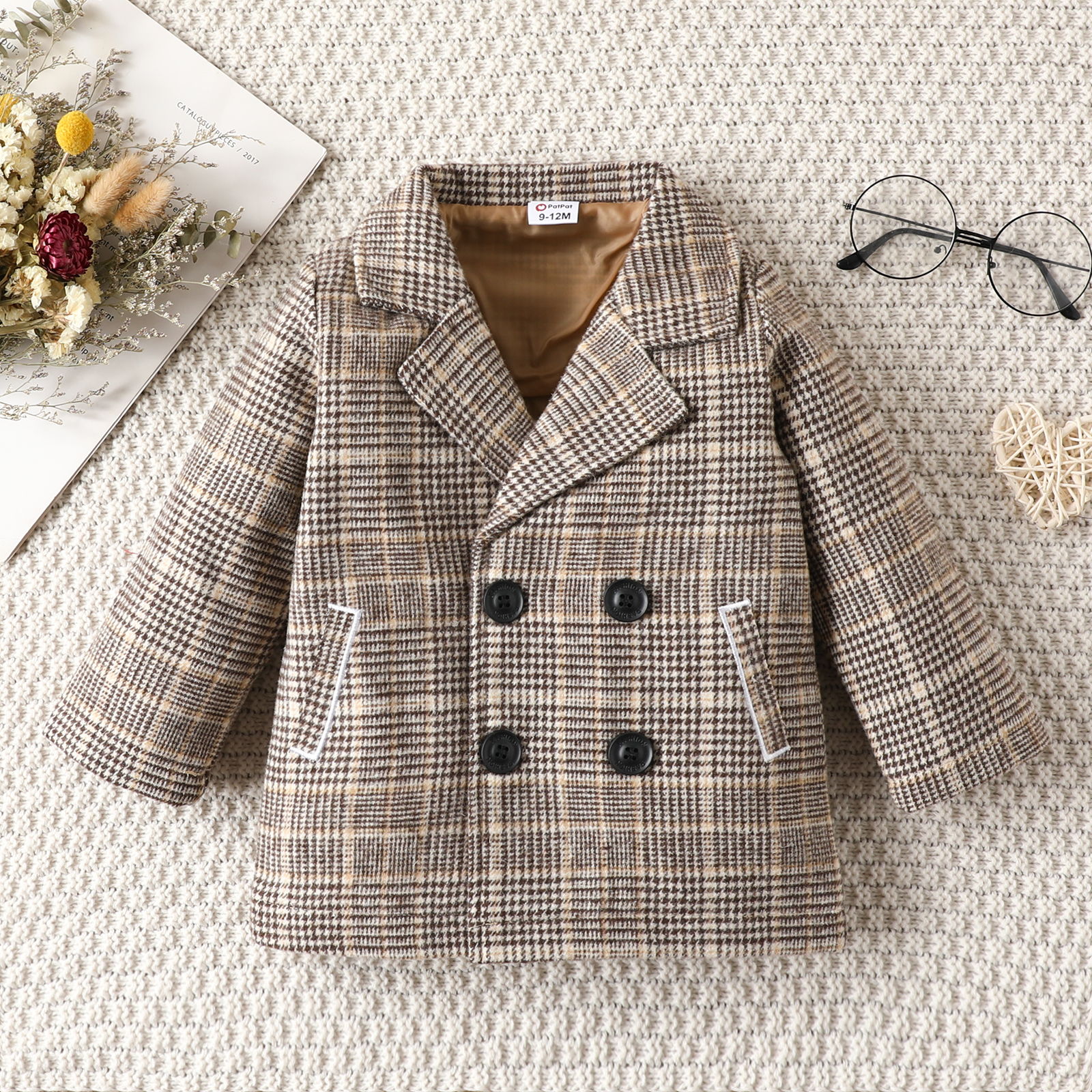 

Baby Boy Lapel Collar Double Breasted Long-sleeve Plaid Blazer Coat