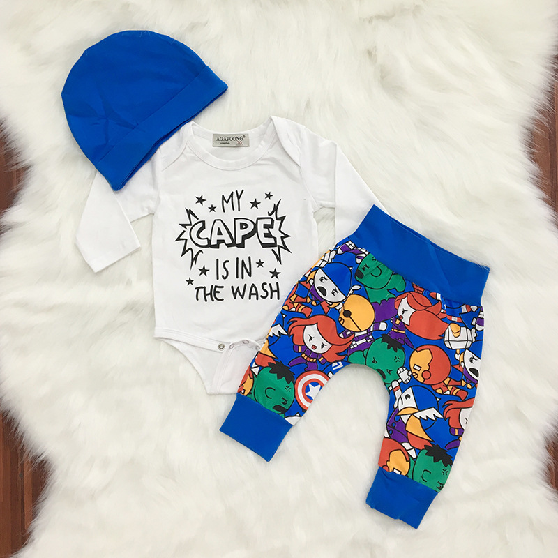 

Boys spring and autumn blue cartoon cotton three-piece suit