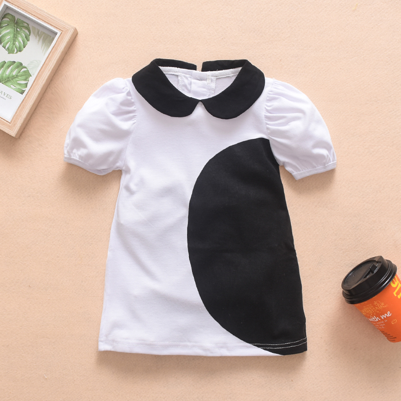 

Baby Girl Summer Lapel Black and White Colorblock Short Sleeve Dress