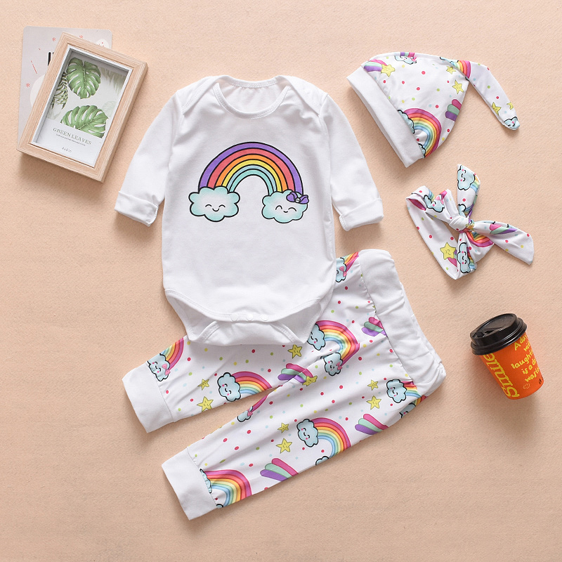 

Printed long-sleeved one-piece suit + fairy print trousers four-piece