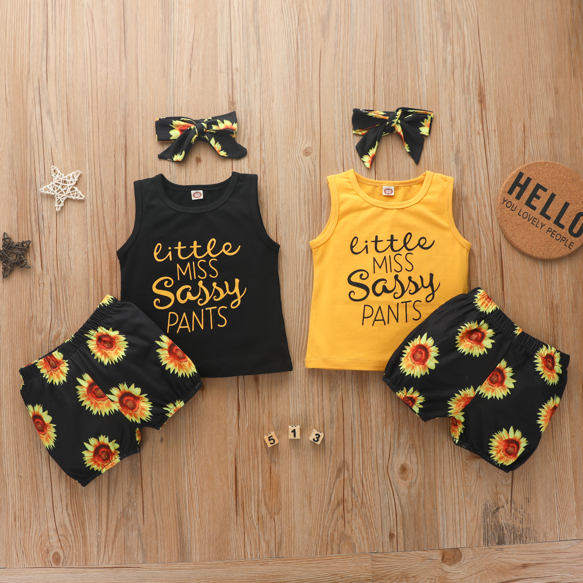 

Baby Casual Letter Top and Sunflower Shorts Set with Headband