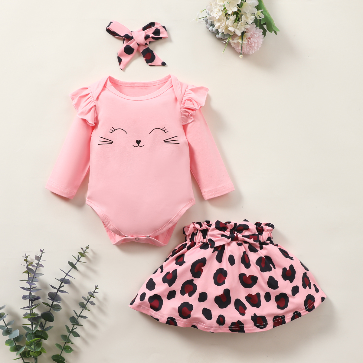 

3pcs Baby Girl Long-sleeve Cotton Romper Animal & Cat Sweet Suit-dress