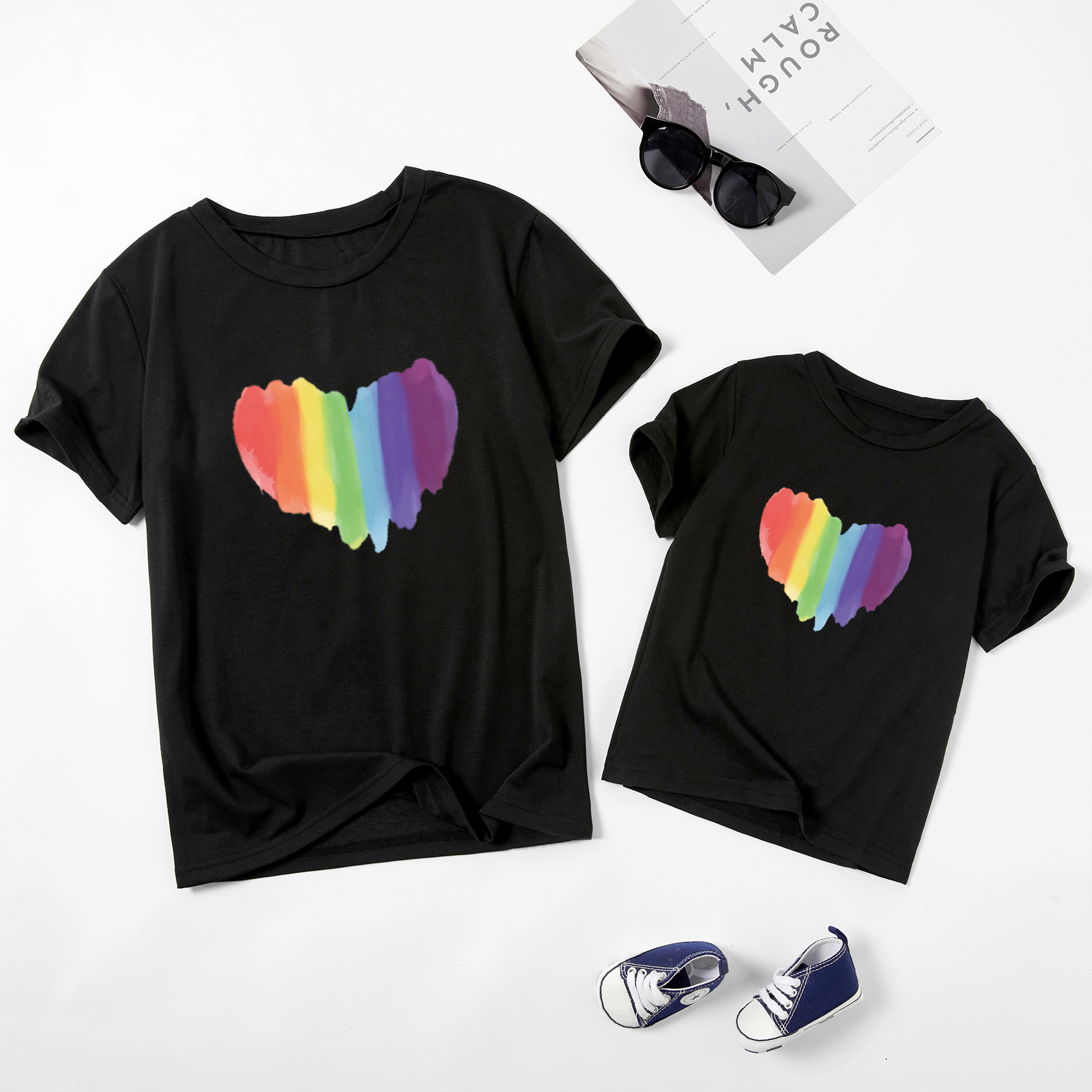 

Rainbow Color Love Pattern Cotton Tops for Mom and Me