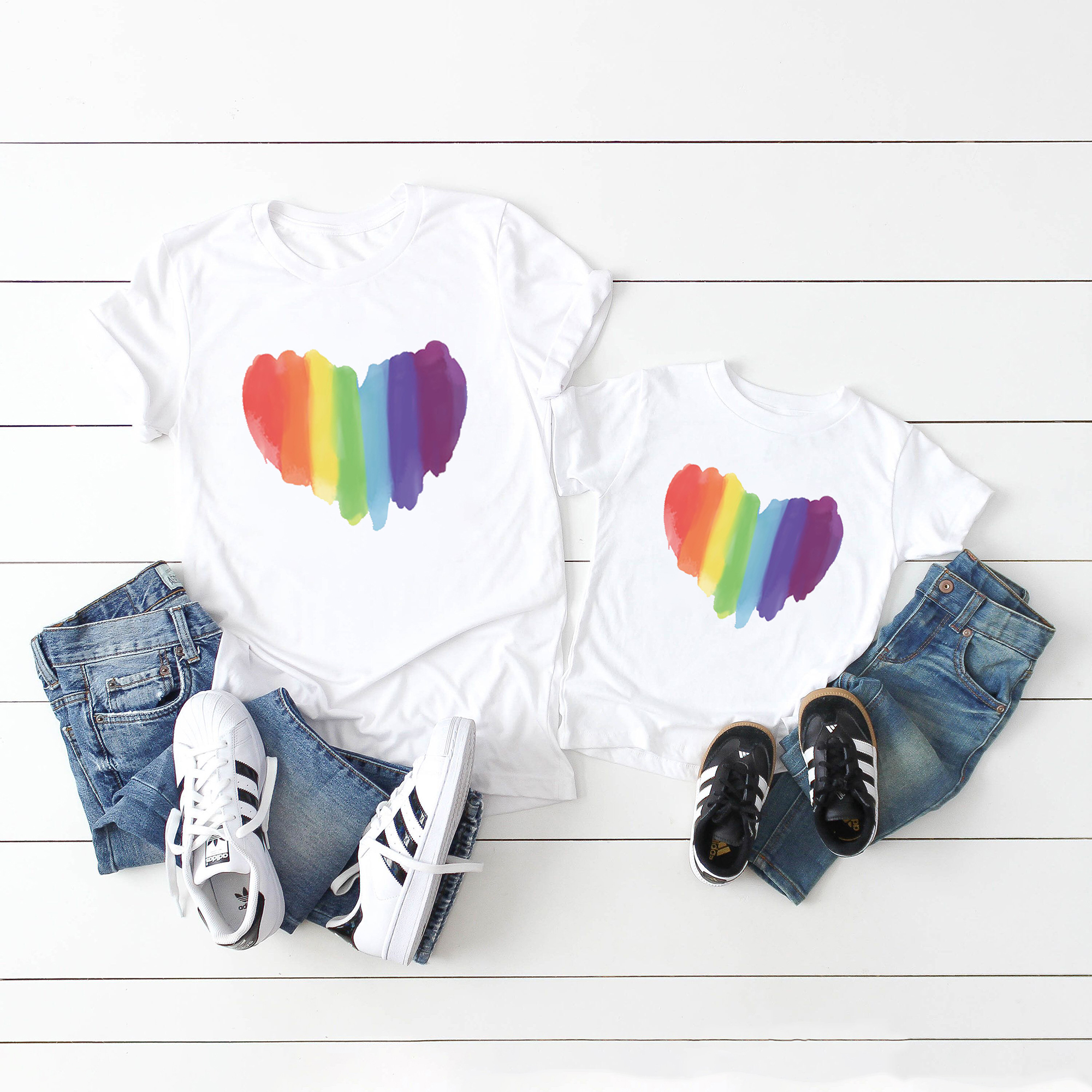 

Rainbow Color Love Pattern Cotton Tops for Mom and Me