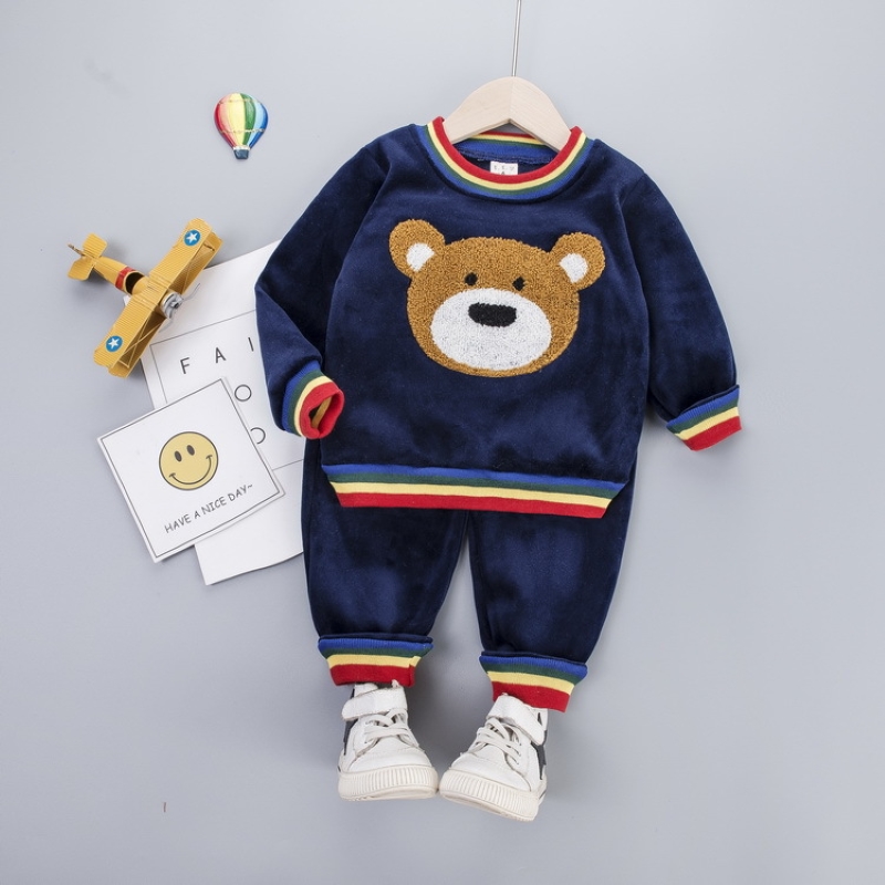 

2pcs Cartoon Bear Pattern Dark Blue Baby Fleece Long-sleeve Sweatshirts and Pants Set
