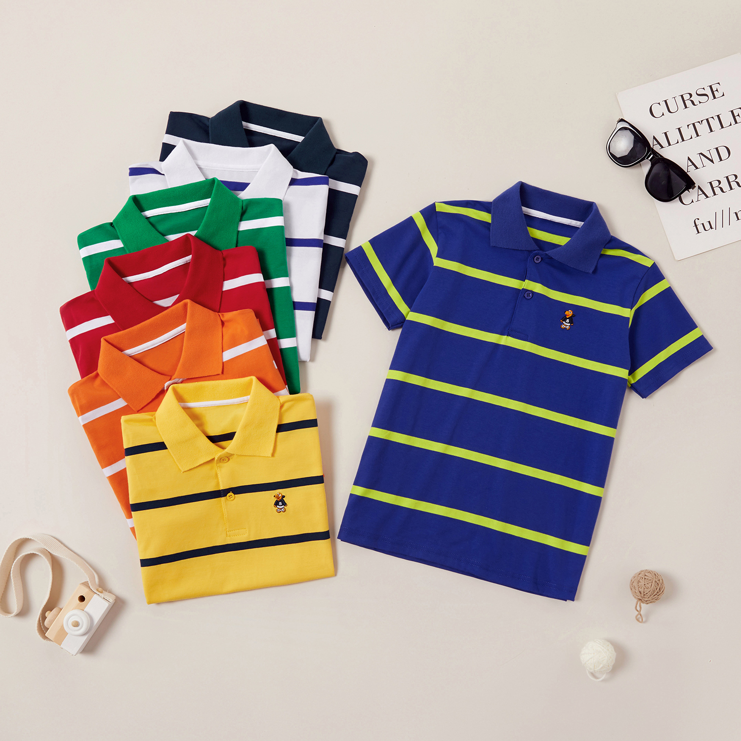 

Trendy Kid Boy Multicolor Embroidered Striped Polo Shirts