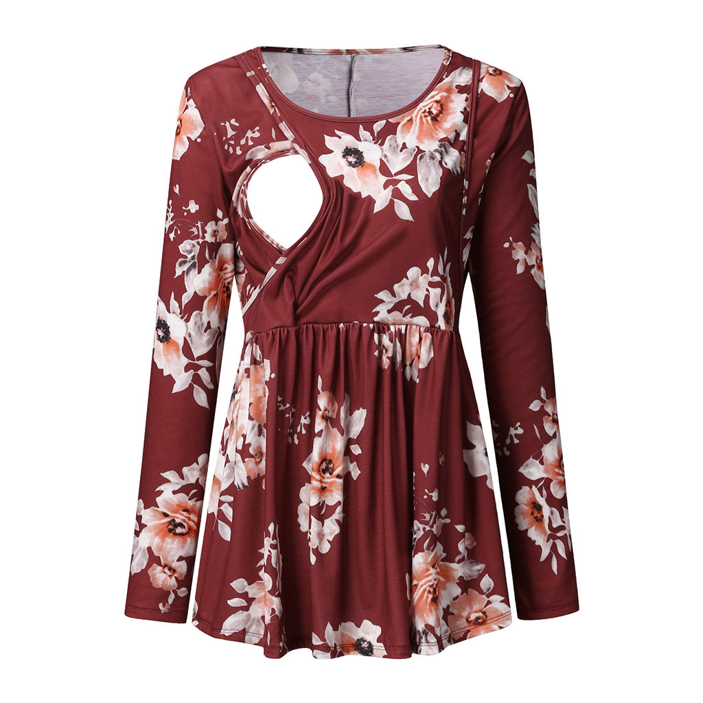 

Maternity Round collar Floral full print Long-sleeve Nursing Tee