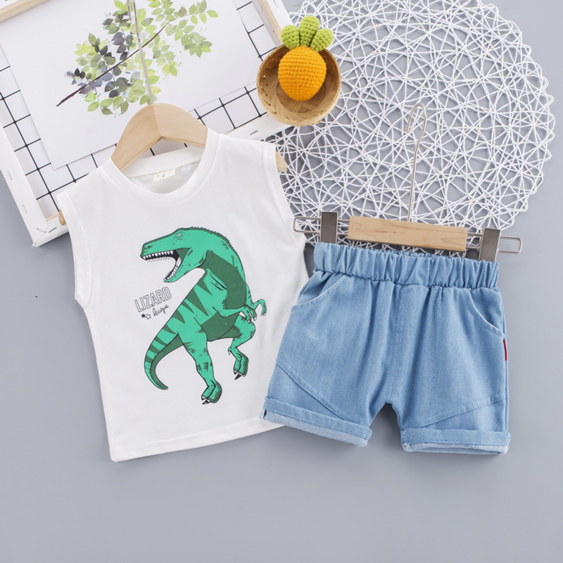 

Baby Boy Cartoon Animal Dinosaur Top and Denim Shorts Set (No Shoes )