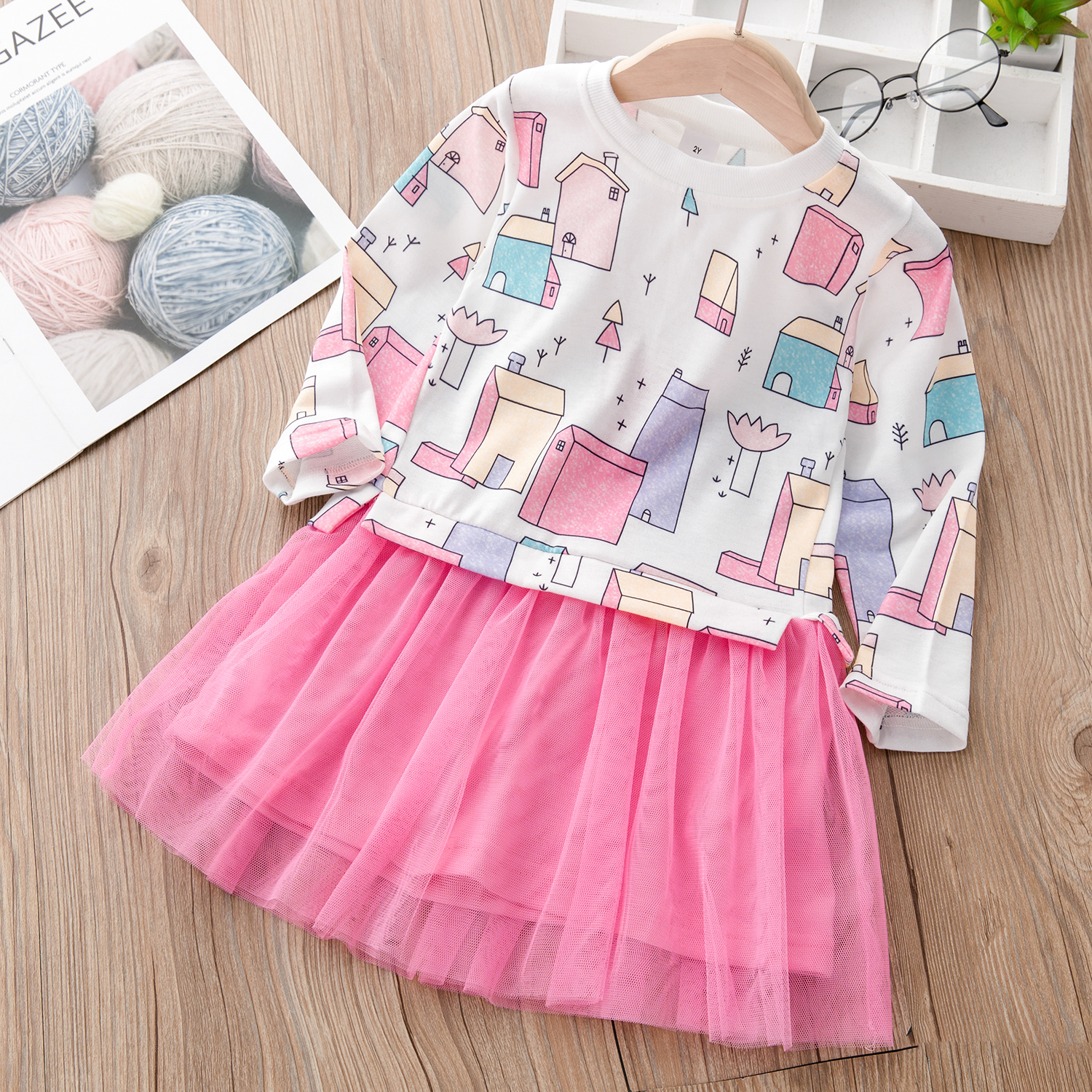 

Baby / Toddler Cute Print Mesh Splice Long-sleeve Dress