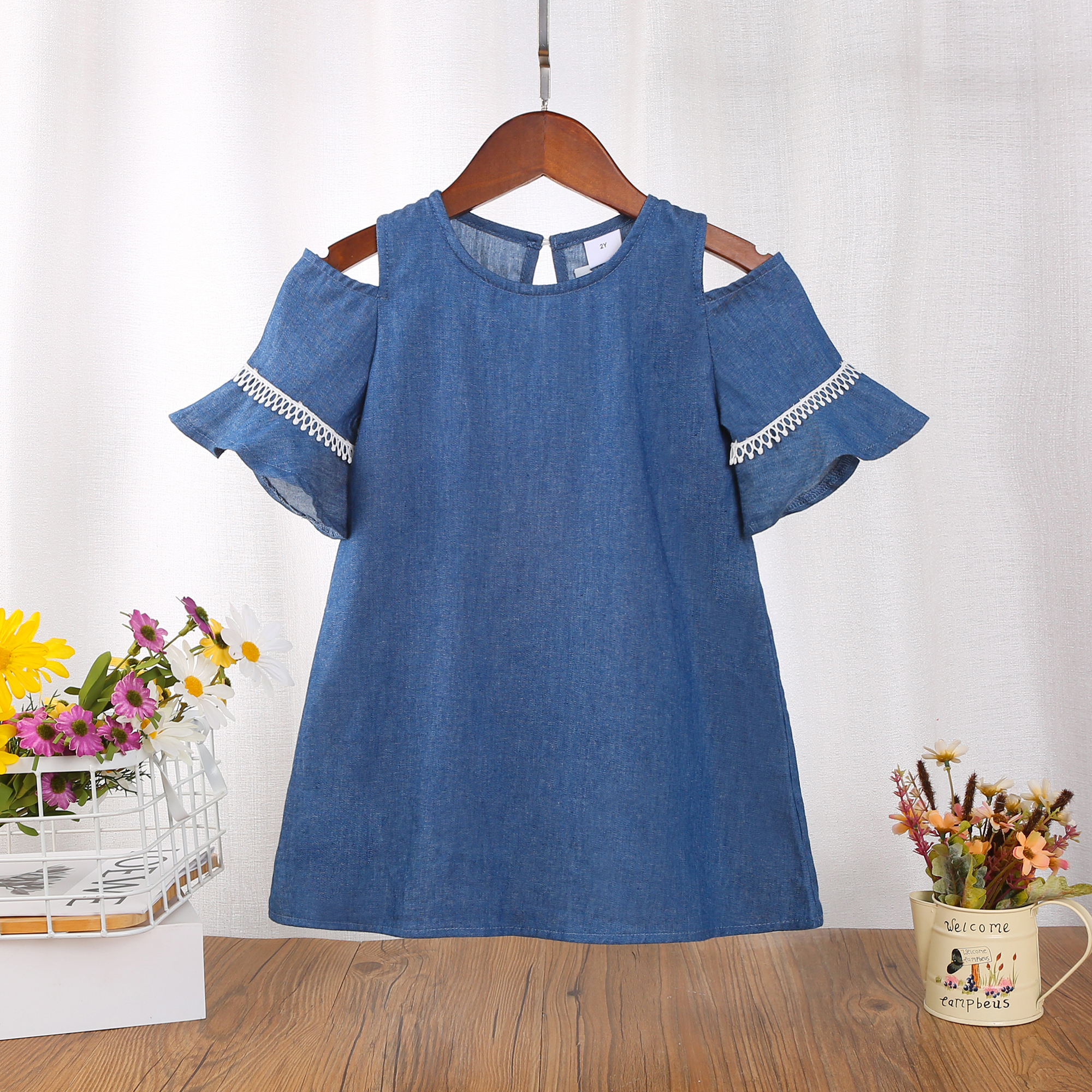 

Baby / Toddler Solid Denim Off Shoulder Dress