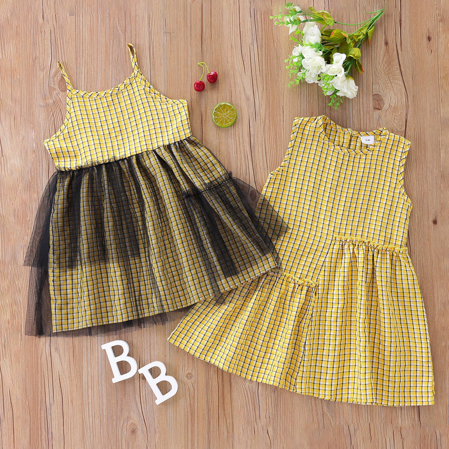 

Toddler Girl Plaid Print Mesh Splice Dress