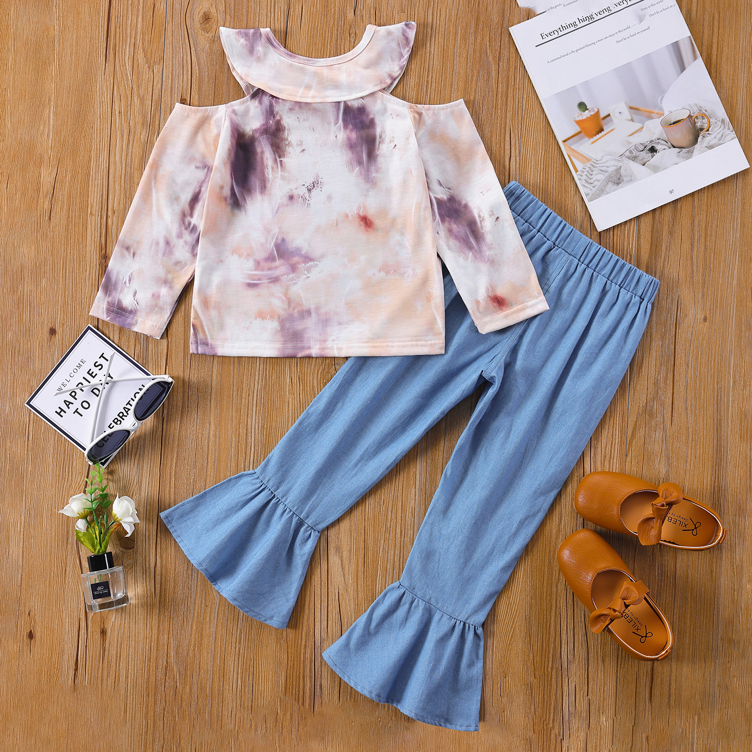 

2-piece Toddler Girl Doll Collar Cold Shoulder Tie Due Long-sleeve Top and Denim Flared Pants Jeans