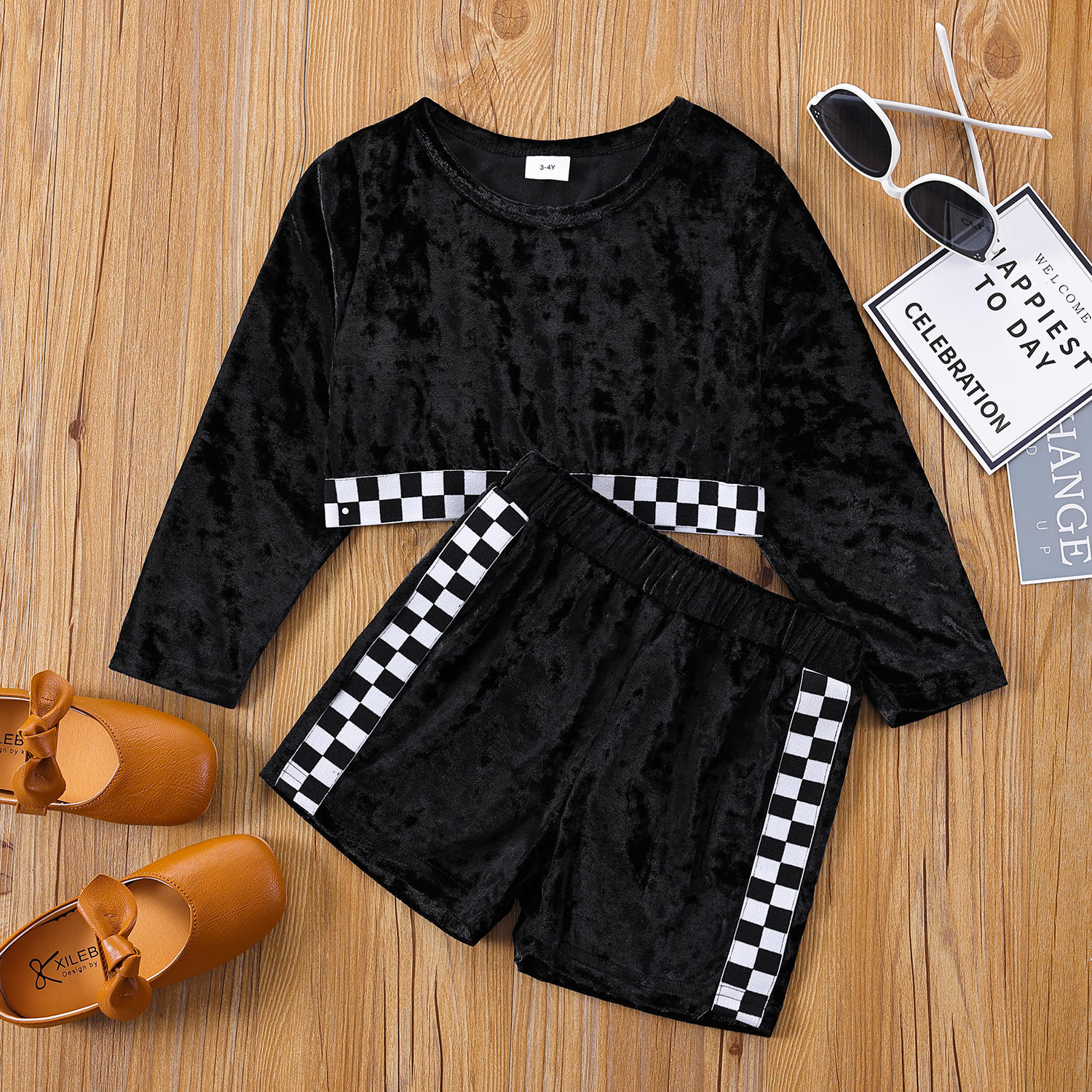 

2-piece Toddler Girl Plaid Long-sleeve Top and Elasticized Shorts Velvet Set