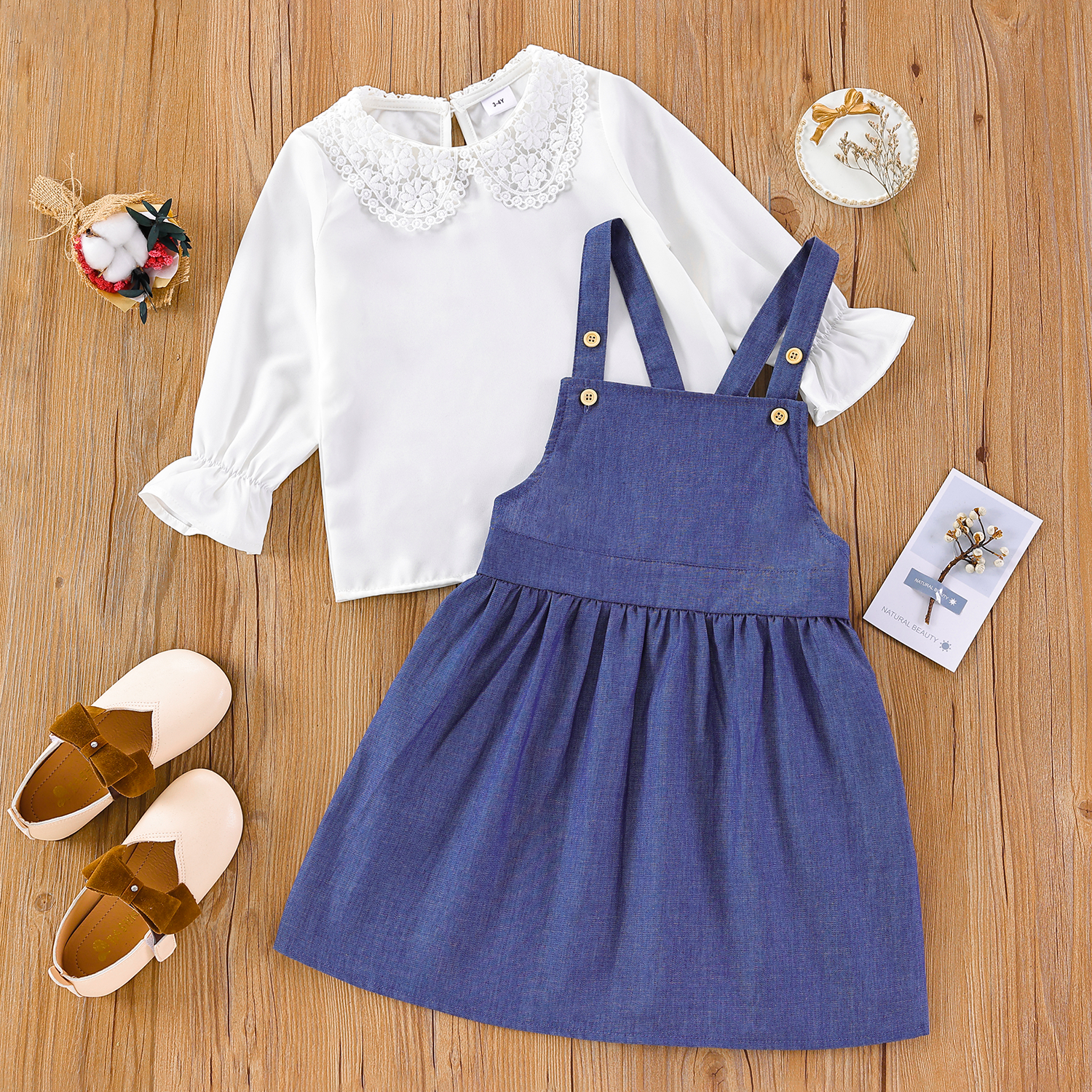 

2-piece Toddler Girl 100% Cotton Lace Doll Collar Ruffle-sleeve White Blouse and Button Design Denim Overall Dress Set