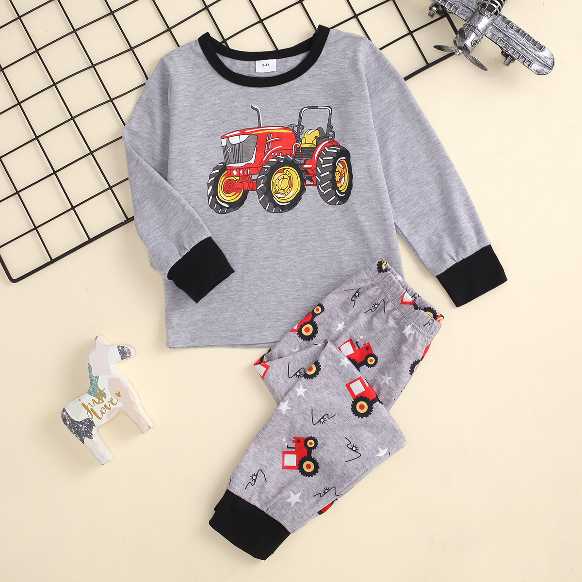 

2-piece Toddler Boy Vehicle Print Long-sleeve Tee and Elasticized Pants Set