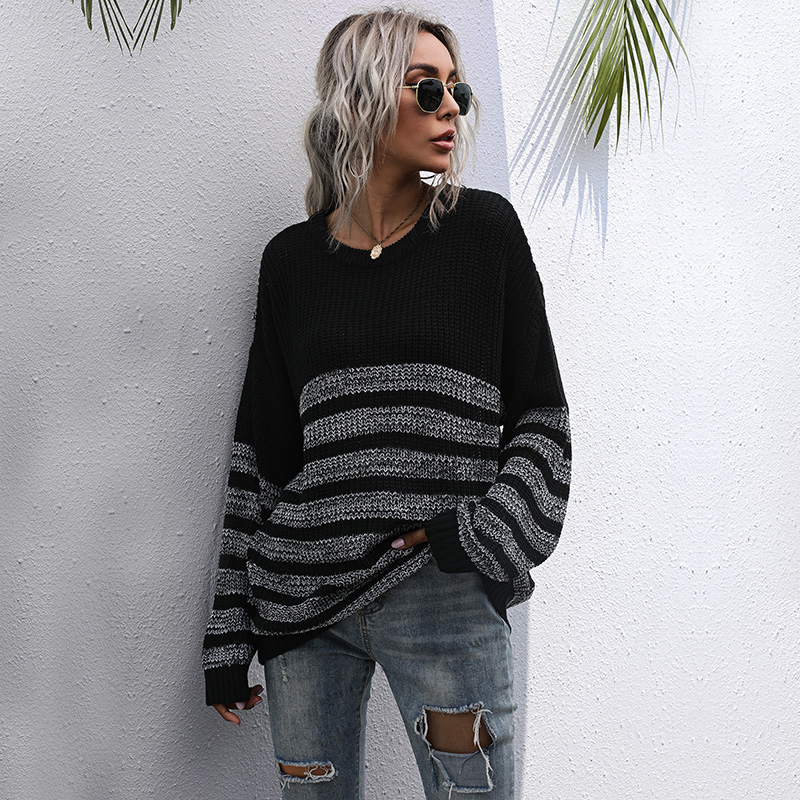 

Black Striped Round Neck Long-sleeve Sweaters