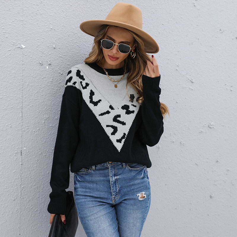 

Leopard Panel Long-sleeve Knit Sweater