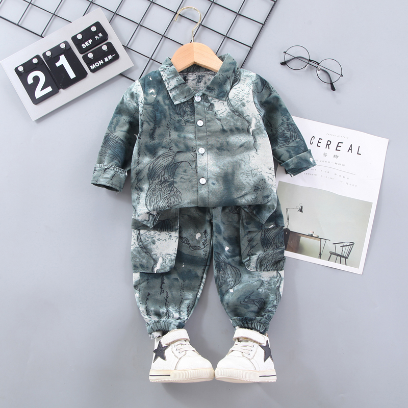 

2-piece Toddler Boy 100% Cotton Tie Dye Lapel Collar Button Design Long-sleeve Shirt and Elasticized Pants Set