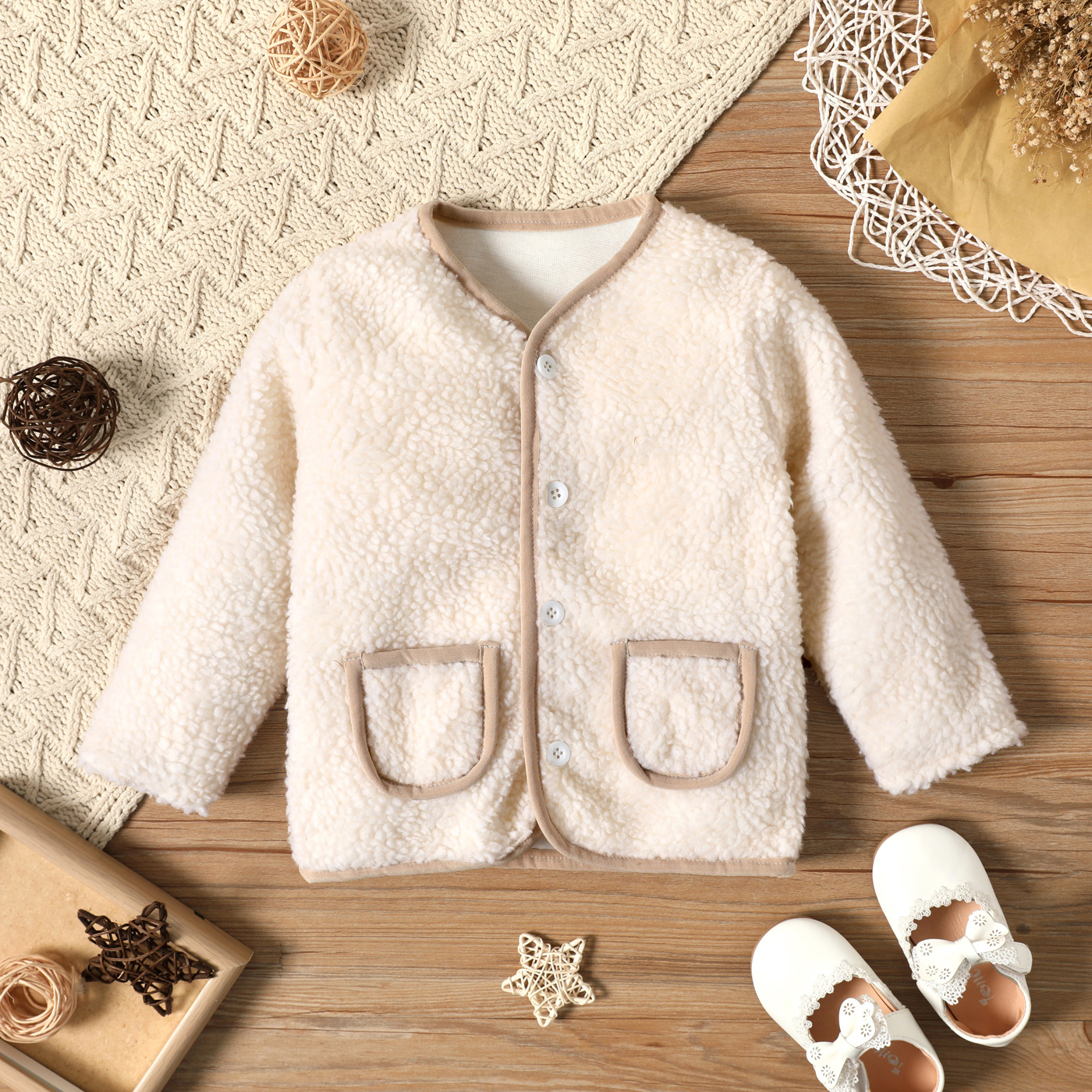 

Toddler Girl 100% Cotton Button Design Fuzzy Fleece Jacket Coat