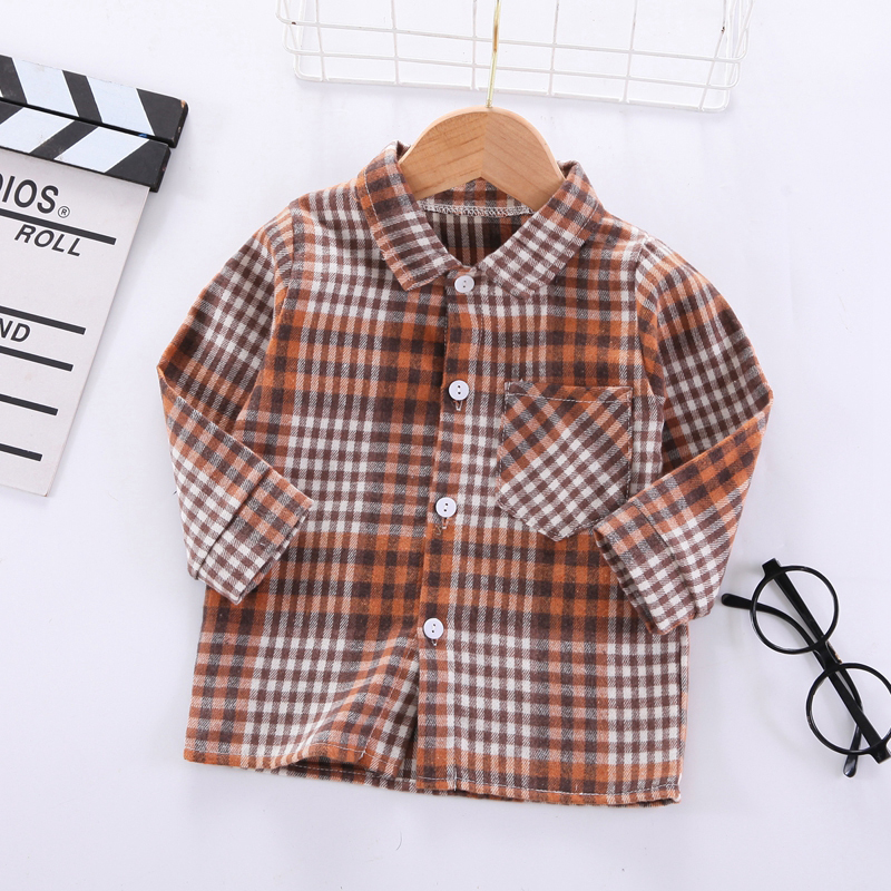 

Toddler Boy 100% Cotton Plaid Lapel Collar Button Design Long-sleeve Shirts